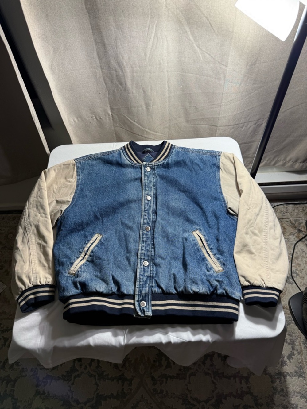 Vintage 90s Denim Bomber Varsity Jacket Basic Editions Large Khaki men's quilted